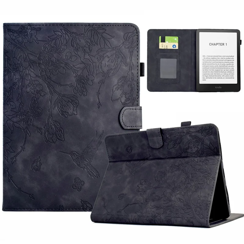 For Amazon Kindle Paperwhite (2024) Case Flower Bird Imprinted Card Holder Leather E-Reader Cover - Black