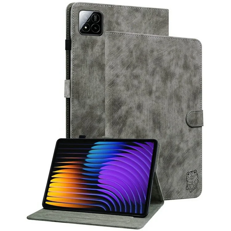 Funda para Xiaomi Pad 7 Pro / Pad 7 con estampado de tigre, de piel sintética antiarañazos - Gris