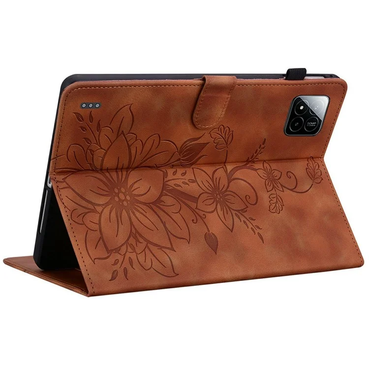 Capa para Xiaomi Pad 7 Pro / Pad 7 com estampa de flor de lírio, compartimentos para cartões e cobertura de couro - Marrom