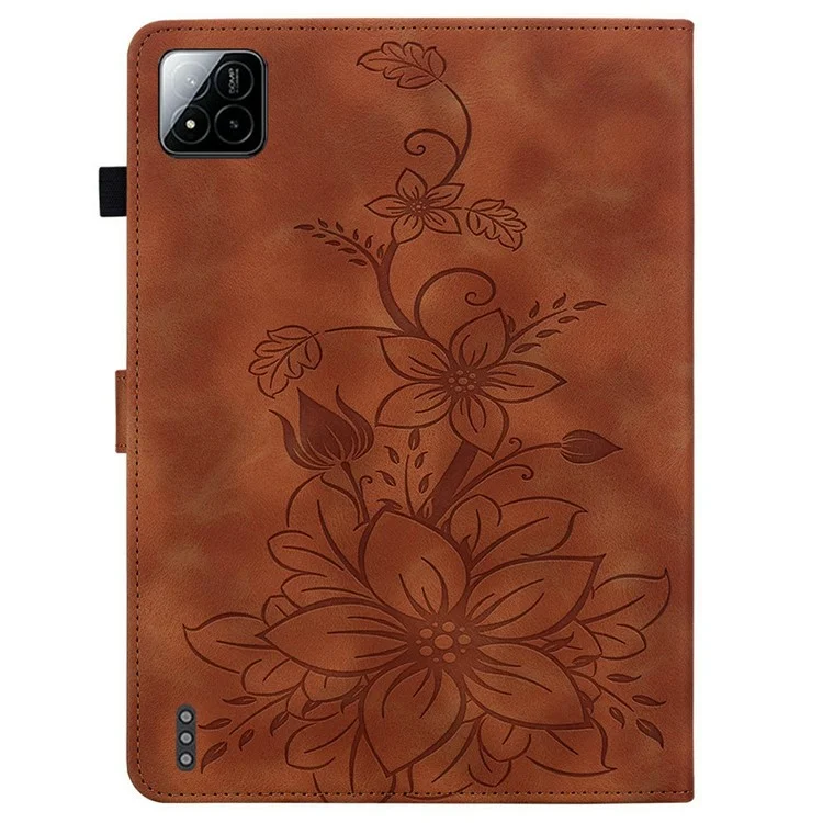 Capa para Xiaomi Pad 7 Pro / Pad 7 com estampa de flor de lírio, compartimentos para cartões e cobertura de couro - Marrom