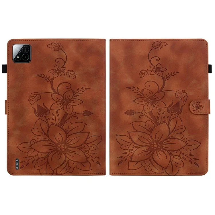Capa para Xiaomi Pad 7 Pro / Pad 7 com estampa de flor de lírio, compartimentos para cartões e cobertura de couro - Marrom