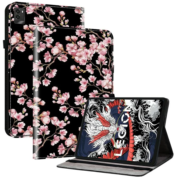 Étui en cuir pour Lenovo Legion Y700 (2025) avec motif imprimé, support et fentes pour cartes - Fleur de prunier