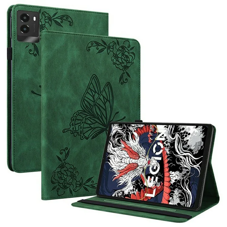 Étui pour Lenovo Legion Y700 (2025) avec motif de fleurs de papillon, en cuir PU avec emplacements pour cartes - Vert
