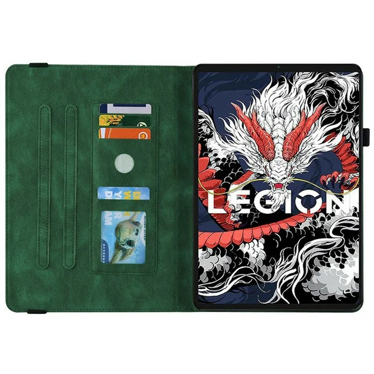 Étui pour Lenovo Legion Y700 (2025) avec motif de fleurs de papillon, en cuir PU avec emplacements pour cartes - Vert