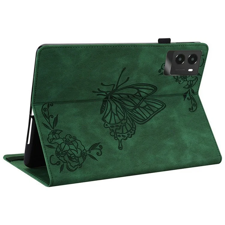 Étui pour Lenovo Legion Y700 (2025) avec motif de fleurs de papillon, en cuir PU avec emplacements pour cartes - Vert