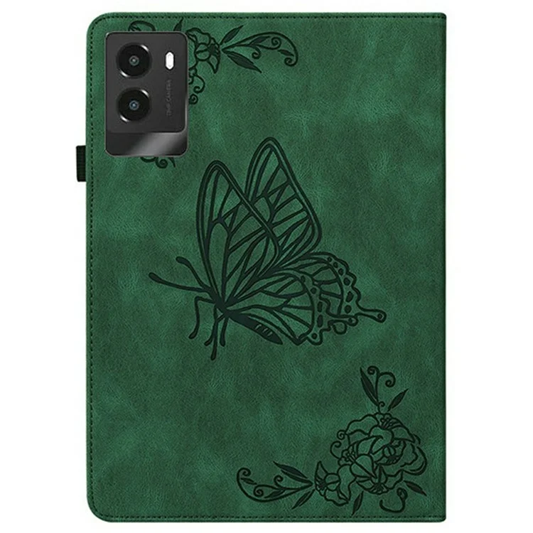 Étui pour Lenovo Legion Y700 (2025) avec motif de fleurs de papillon, en cuir PU avec emplacements pour cartes - Vert