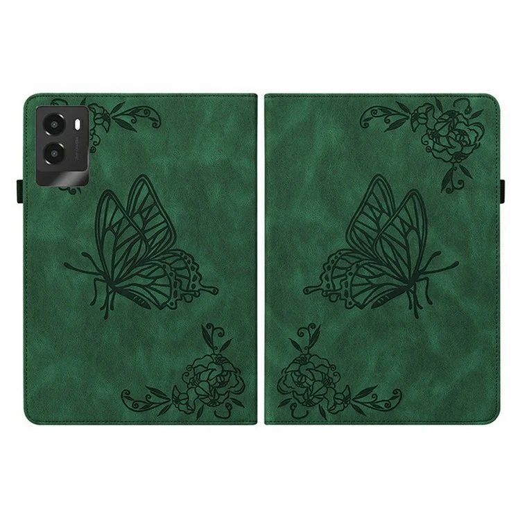 Étui pour Lenovo Legion Y700 (2025) avec motif de fleurs de papillon, en cuir PU avec emplacements pour cartes - Vert