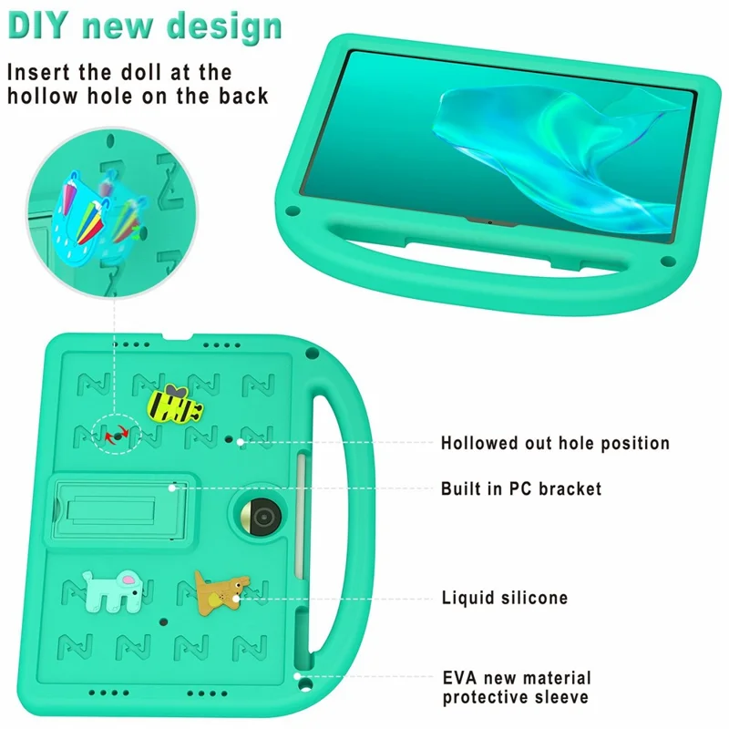 For Honor Pad 9 Kickstand Case Cartoon Design Anti-Drop EVA+PC Tablet Cover with Strap for Kids - Green