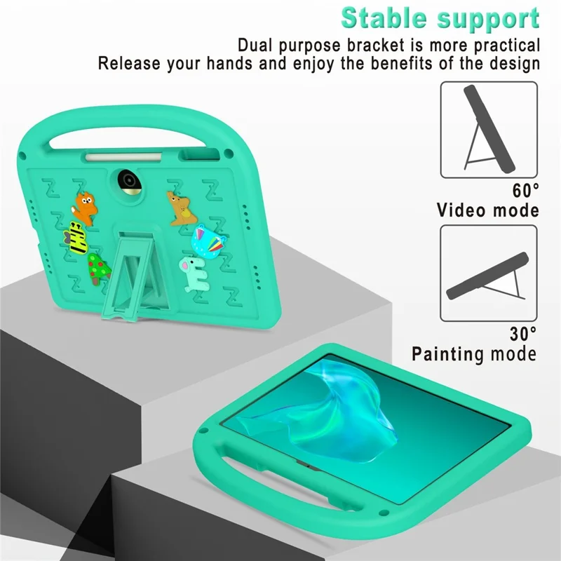 For Honor Pad 9 Kickstand Case Cartoon Design Anti-Drop EVA+PC Tablet Cover with Strap for Kids - Green