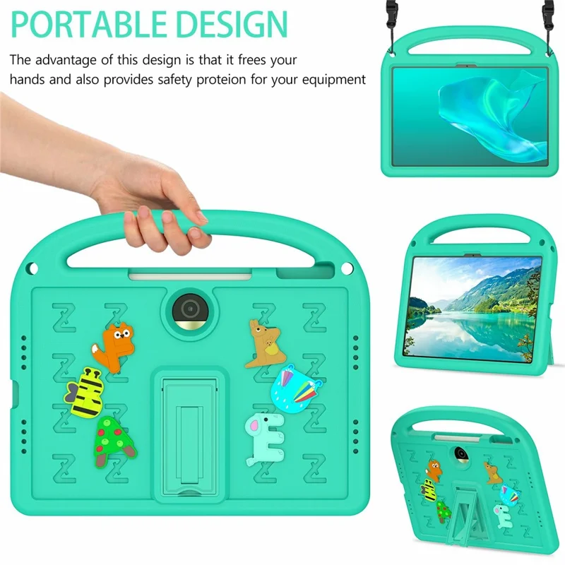 For Honor Pad 9 Kickstand Case Cartoon Design Anti-Drop EVA+PC Tablet Cover with Strap for Kids - Green