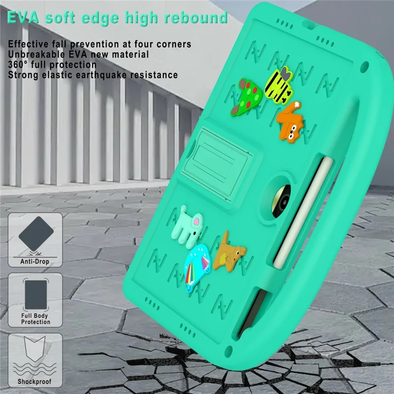 For Honor Pad 9 Kickstand Case Cartoon Design Anti-Drop EVA+PC Tablet Cover with Strap for Kids - Green