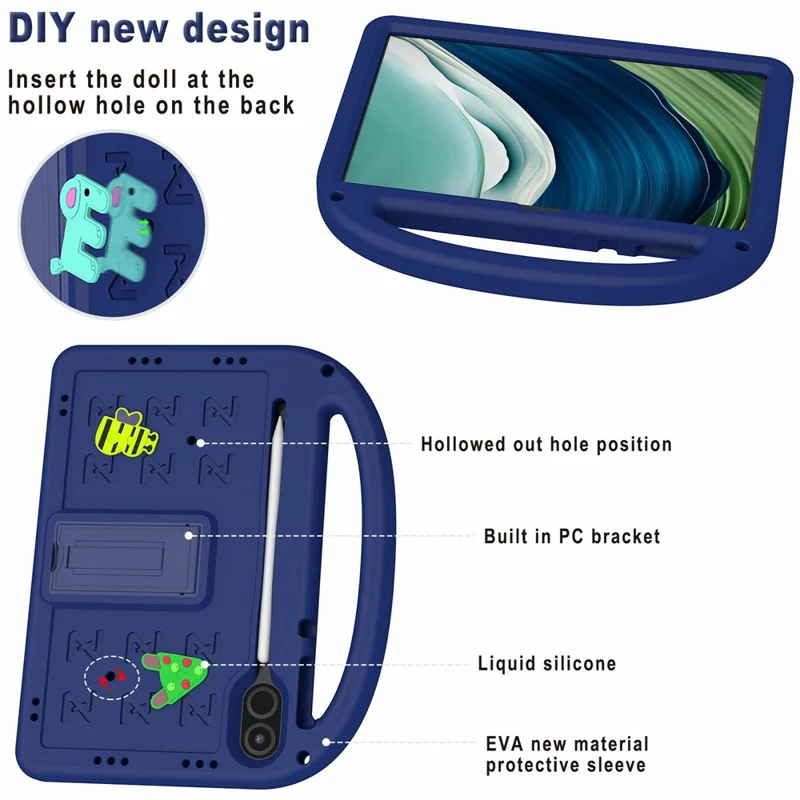 For Honor Pad X9  /  Pad X8 Pro Kickstand Case Cartoon Design Anti-Drop EVA+PC Tablet Cover with Strap for Kids - Navy Blue