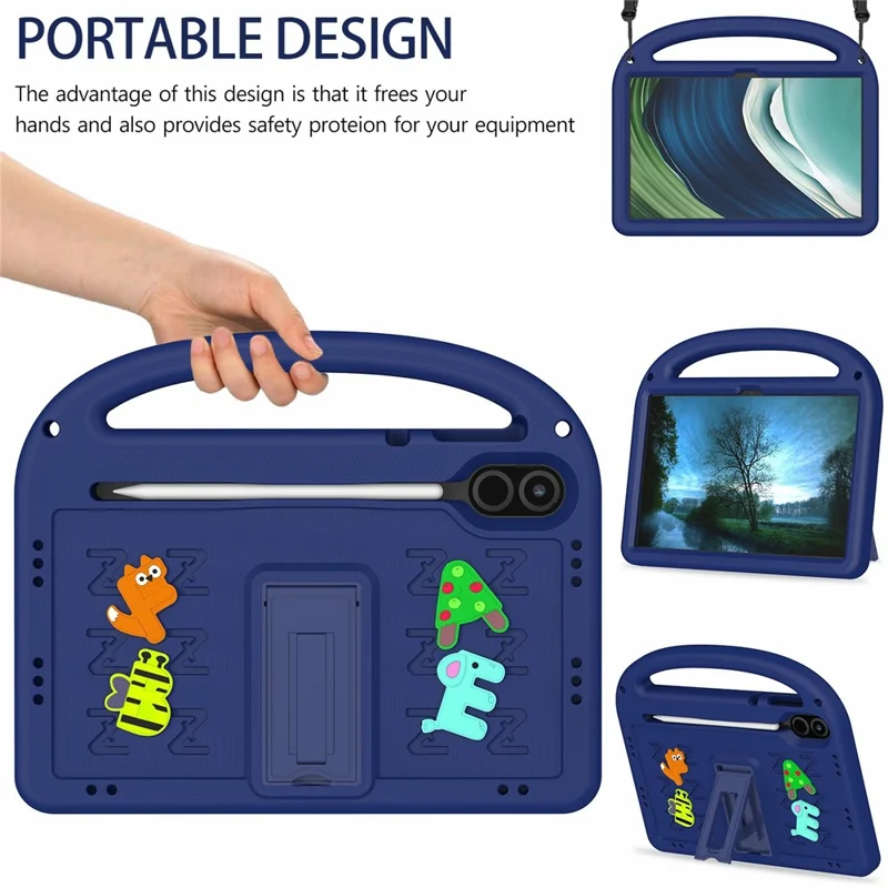 For Honor Pad X9  /  Pad X8 Pro Kickstand Case Cartoon Design Anti-Drop EVA+PC Tablet Cover with Strap for Kids - Navy Blue