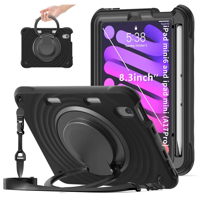 For iPad mini (2024) / (2021) Case with Shoulder Strap Kickstand PC Silicone TPU Tablet Cover - Black