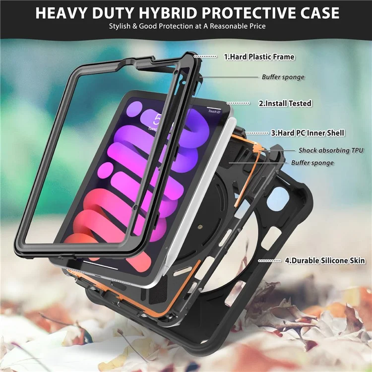 For iPad mini (2024) / (2021) Case with Shoulder Strap Kickstand PC Silicone TPU Tablet Cover - Black