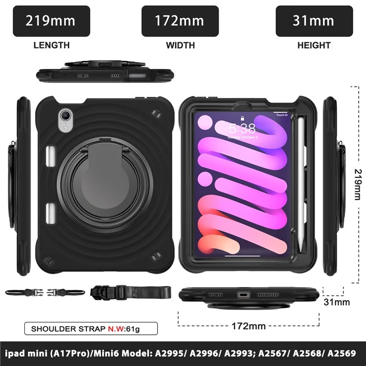 For iPad mini (2024) / (2021) Case with Shoulder Strap Kickstand PC Silicone TPU Tablet Cover - Black