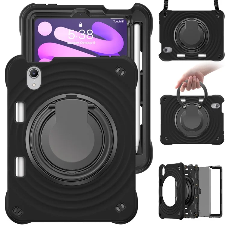 For iPad mini (2024) / (2021) Case with Shoulder Strap Kickstand PC Silicone TPU Tablet Cover - Black