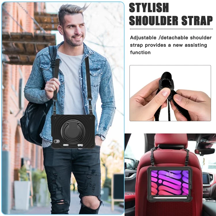 For iPad mini (2024) / (2021) Case with Shoulder Strap Kickstand PC Silicone TPU Tablet Cover - Black