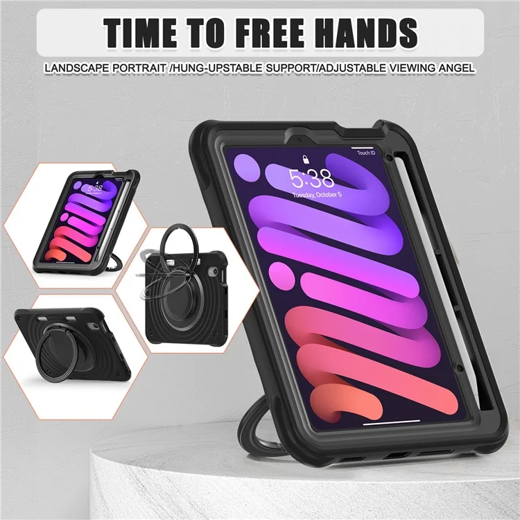 For iPad mini (2024) / (2021) Case with Shoulder Strap Kickstand PC Silicone TPU Tablet Cover - Black