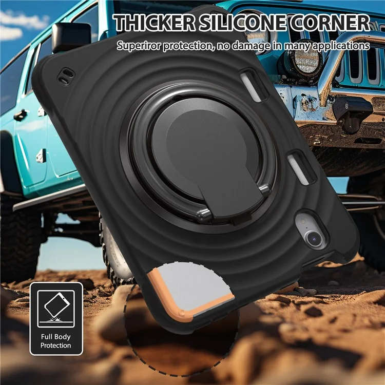 For iPad mini (2024) / (2021) Case with Shoulder Strap Kickstand PC Silicone TPU Tablet Cover - Black