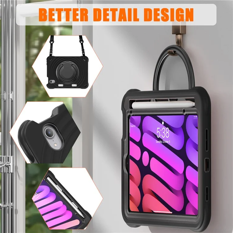 For iPad mini (2024) / (2021) Case with Shoulder Strap Kickstand PC Silicone TPU Tablet Cover - Black