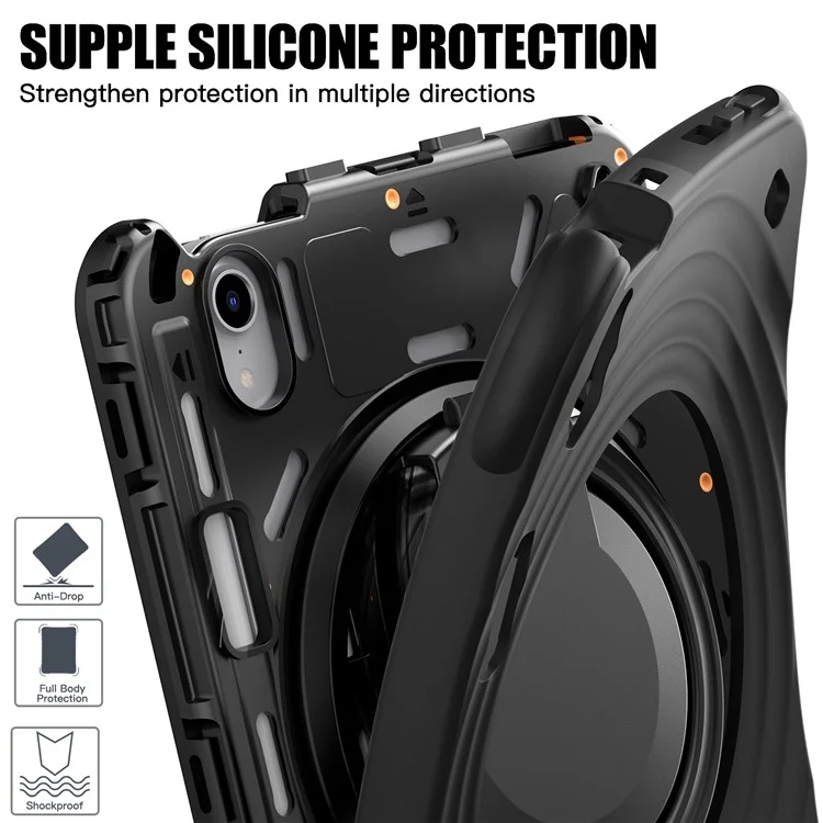 For iPad mini (2024) / (2021) Case with Shoulder Strap Kickstand PC Silicone TPU Tablet Cover - Black