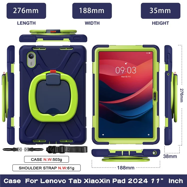 Kickstand Tablet Case for Lenovo Tab M11 TB-330FU 331FC / Tab K11 TB-330XU / Xiaoxin Pad 11 2024 Back Cover with Shoulder Strap - Navy Blue+Yellowgreen