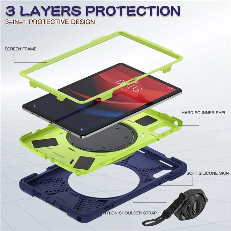 Kickstand Tablet Case for Lenovo Tab M11 TB-330FU 331FC / Tab K11 TB-330XU / Xiaoxin Pad 11 2024 Back Cover with Shoulder Strap - Navy Blue+Yellowgreen