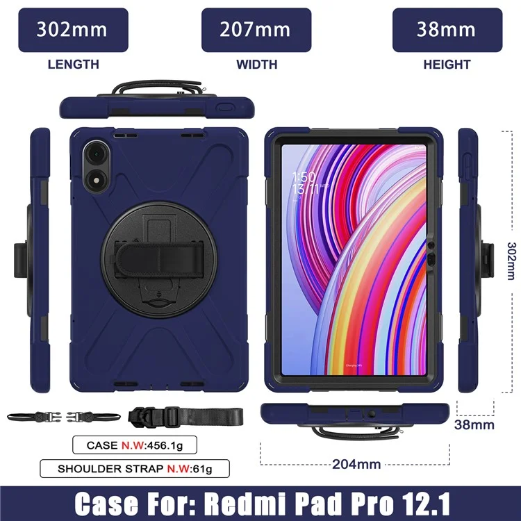 Étui pour tablette avec bandoulière pour Xiaomi Redmi Pad Pro 5G / Redmi Pad Pro / Poco Pad 5G / 4G avec support - Bleu marine