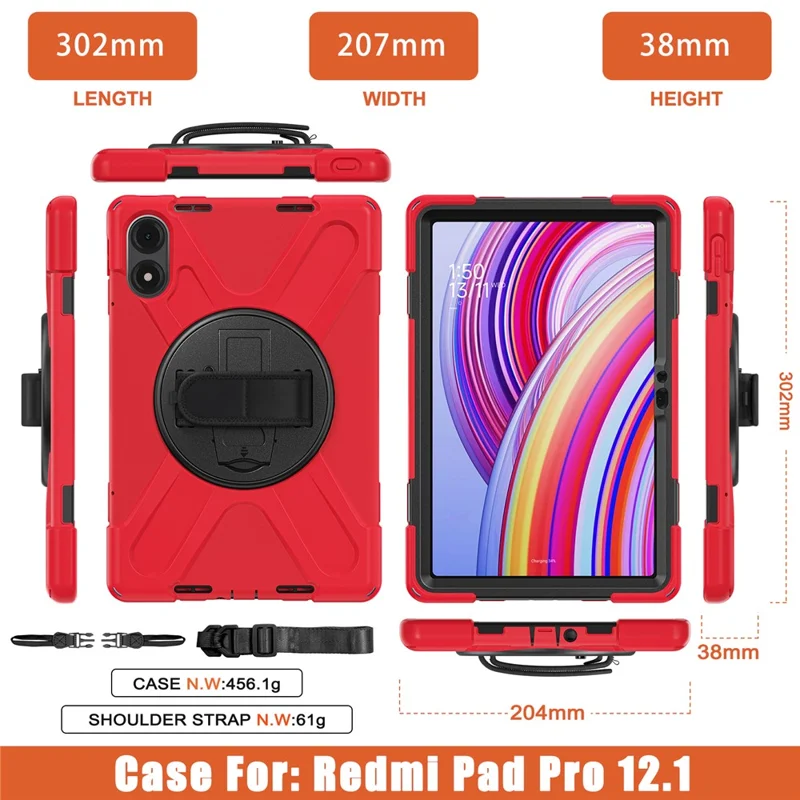 Tablet Case with Shoulder Strap for Xiaomi Redmi Pad Pro 5G / Redmi Pad Pro / Poco Pad 5G / 4G Kickstand Cover - Red