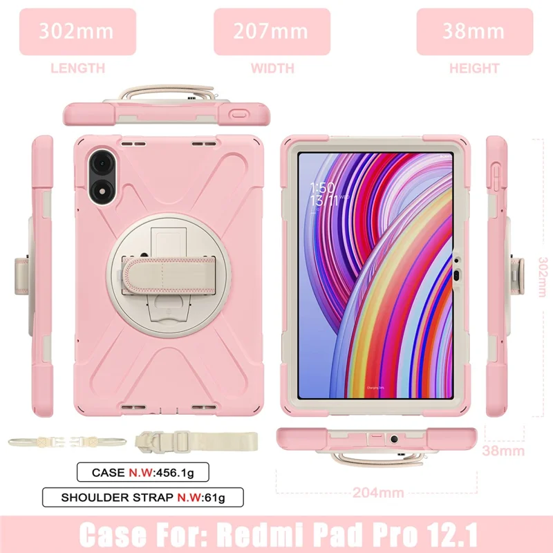 Tablet Case with Shoulder Strap for Xiaomi Redmi Pad Pro 5G / Redmi Pad Pro / Poco Pad 5G / 4G Kickstand Cover - Pink