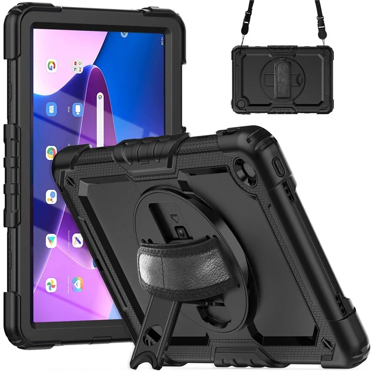 Für Lenovo Tab M10 Plus (Gen 3) 125FU/128FU Silikon+pc-schutzhülle Mit Schultergurt Anti-kratzer-abdeckung Schockdeliedeler Tablet-kickstand Hülle - Schwarz