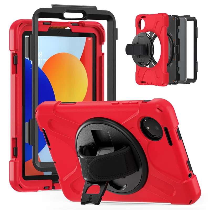 For Xiaomi Redmi Pad SE 4G 8.7 inch Case Rotary Kickstand PC+Silicone Hand Strap Tablet Cover - Red