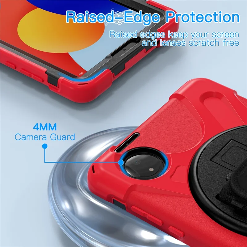 For Xiaomi Redmi Pad SE 4G 8.7 inch Case Rotary Kickstand PC+Silicone Hand Strap Tablet Cover - Red
