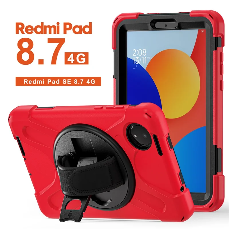For Xiaomi Redmi Pad SE 4G 8.7 inch Case Rotary Kickstand PC+Silicone Hand Strap Tablet Cover - Red