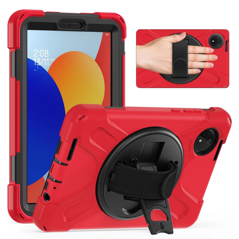 For Xiaomi Redmi Pad SE 4G 8.7 inch Case Rotary Kickstand PC+Silicone Hand Strap Tablet Cover - Red