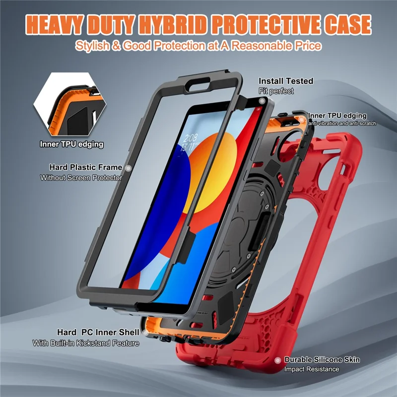 For Xiaomi Redmi Pad SE 4G 8.7 inch Case Rotary Kickstand PC+Silicone Hand Strap Tablet Cover - Red