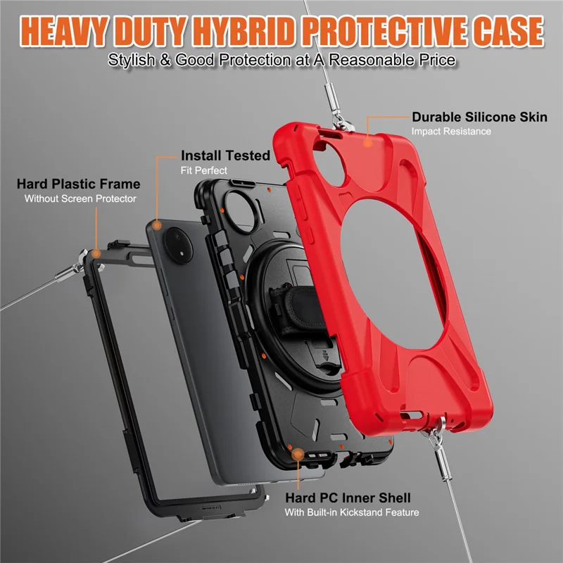 For Xiaomi Redmi Pad SE 4G 8.7 inch Case Rotary Kickstand PC+Silicone Hand Strap Tablet Cover - Red