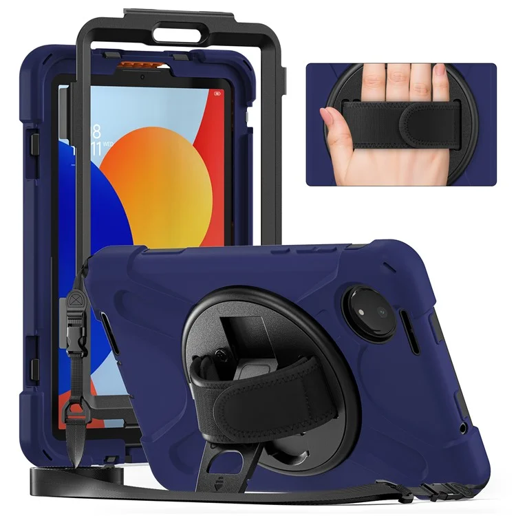 Étui de protection pour Xiaomi Redmi Pad SE 4G 8,7 pouces avec support, en TPU et PC silicone, avec sangle d'épaule - Bleu marine
