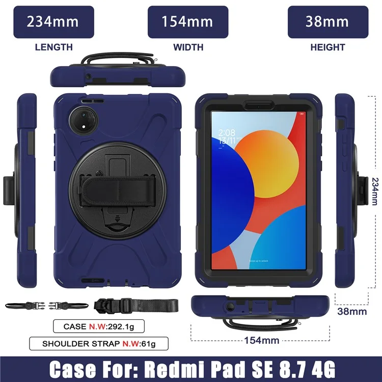 Étui de protection pour Xiaomi Redmi Pad SE 4G 8,7 pouces avec support, en TPU et PC silicone, avec sangle d'épaule - Bleu marine