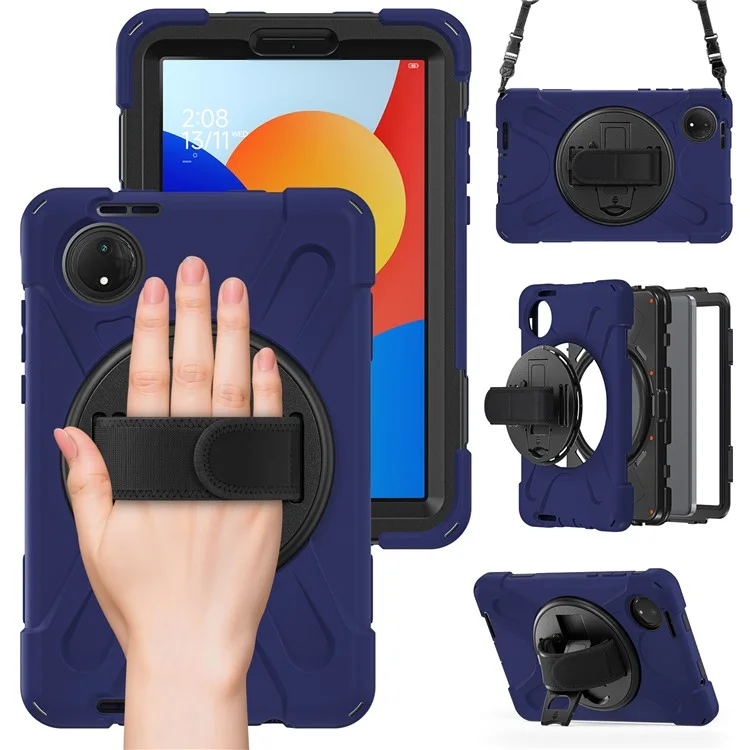 Étui de protection pour Xiaomi Redmi Pad SE 4G 8,7 pouces avec support, en TPU et PC silicone, avec sangle d'épaule - Bleu marine
