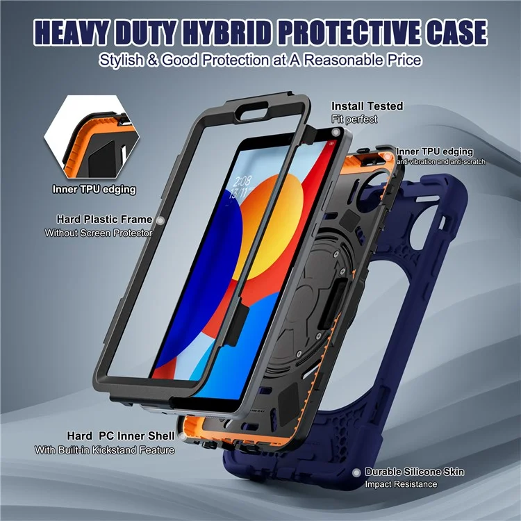 Étui de protection pour Xiaomi Redmi Pad SE 4G 8,7 pouces avec support, en TPU et PC silicone, avec sangle d'épaule - Bleu marine
