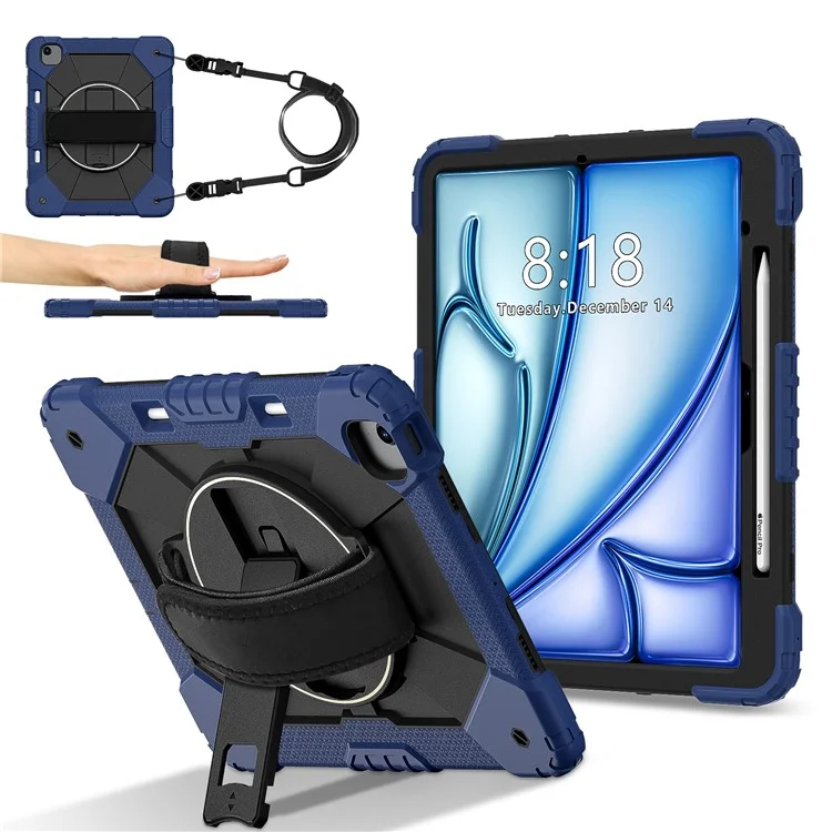 Für iPad Air 13 (2024) Hülle Silikon + PC Ständer Tablet-Abdeckung mit praktischem Trageriemen, Schultergurt - Marineblau / Schwarz