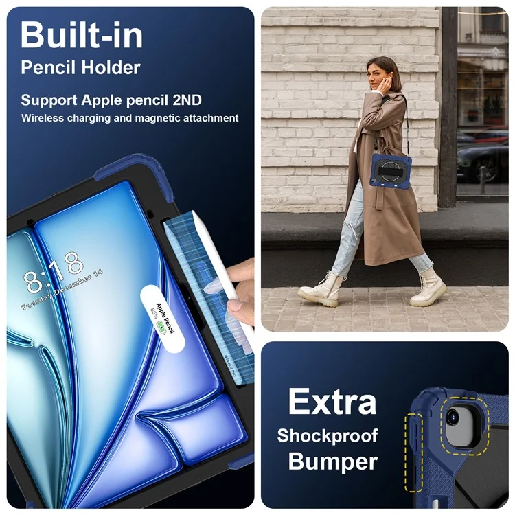 Für iPad Air 13 (2024) Hülle Silikon + PC Ständer Tablet-Abdeckung mit praktischem Trageriemen, Schultergurt - Marineblau / Schwarz