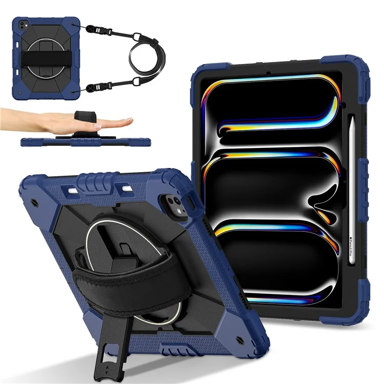 Funda para iPad Pro 13 (2024) de silicona + soporte de PC con correa de mano y correa para el hombro - Azul marino / Negro