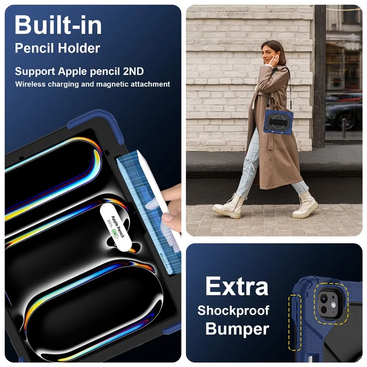 Funda para iPad Pro 13 (2024) de silicona + soporte de PC con correa de mano y correa para el hombro - Azul marino / Negro