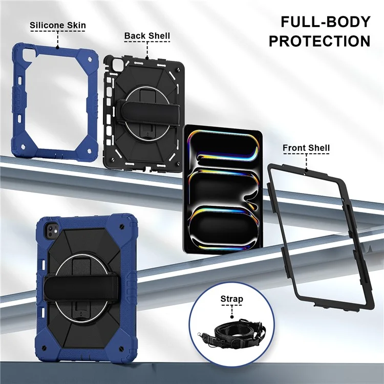Funda para iPad Pro 13 (2024) de silicona + soporte de PC con correa de mano y correa para el hombro - Azul marino / Negro