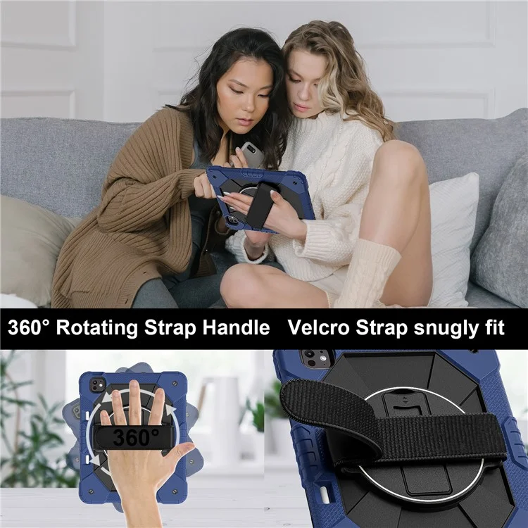 Funda para iPad Pro 13 (2024) de silicona + soporte de PC con correa de mano y correa para el hombro - Azul marino / Negro
