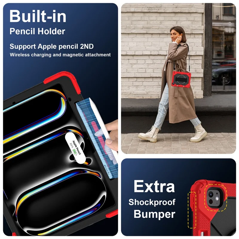 For iPad Pro 13 (2024) Case Silicone + PC Kickstand Tablet Cover with Handy Strap, Shoulder Strap - Red / Black
