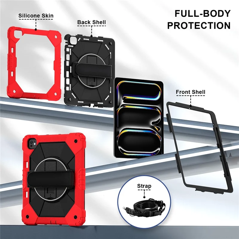 For iPad Pro 13 (2024) Case Silicone + PC Kickstand Tablet Cover with Handy Strap, Shoulder Strap - Red / Black